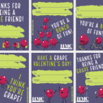 Sheet of 6 valentines featuring animated grape characters