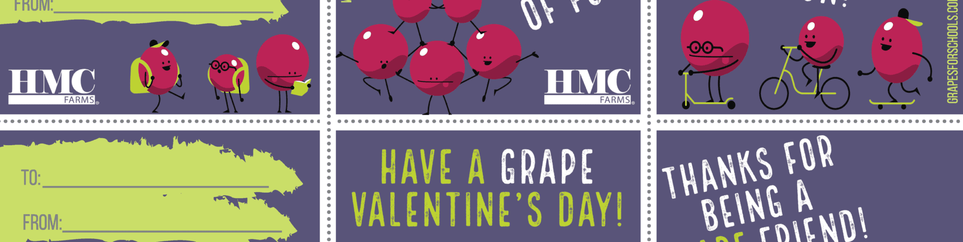 Sheet of 6 valentines featuring animated grape characters