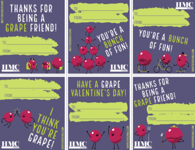 Sheet of 6 valentines featuring animated grape characters