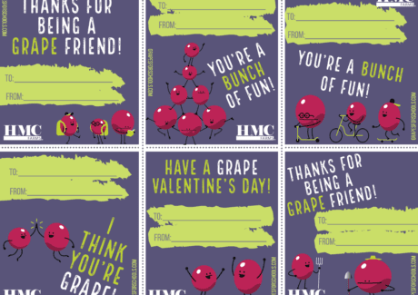 Sheet of 6 valentines featuring animated grape characters